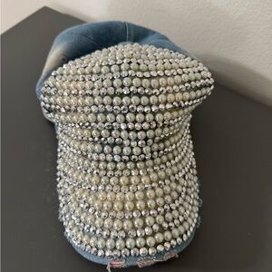 Blue Embellished Hat with Sparkling Rhinestones